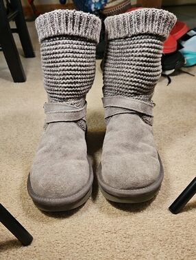 Ugg Cozy Knit-Top Suede Ankle Boots - Light Gray Size 8